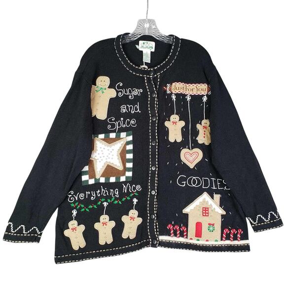 The Quacker Factory Gingerbread Christmas Sweater Cardigan Plus Size 1X Black - Picture 2 of 13